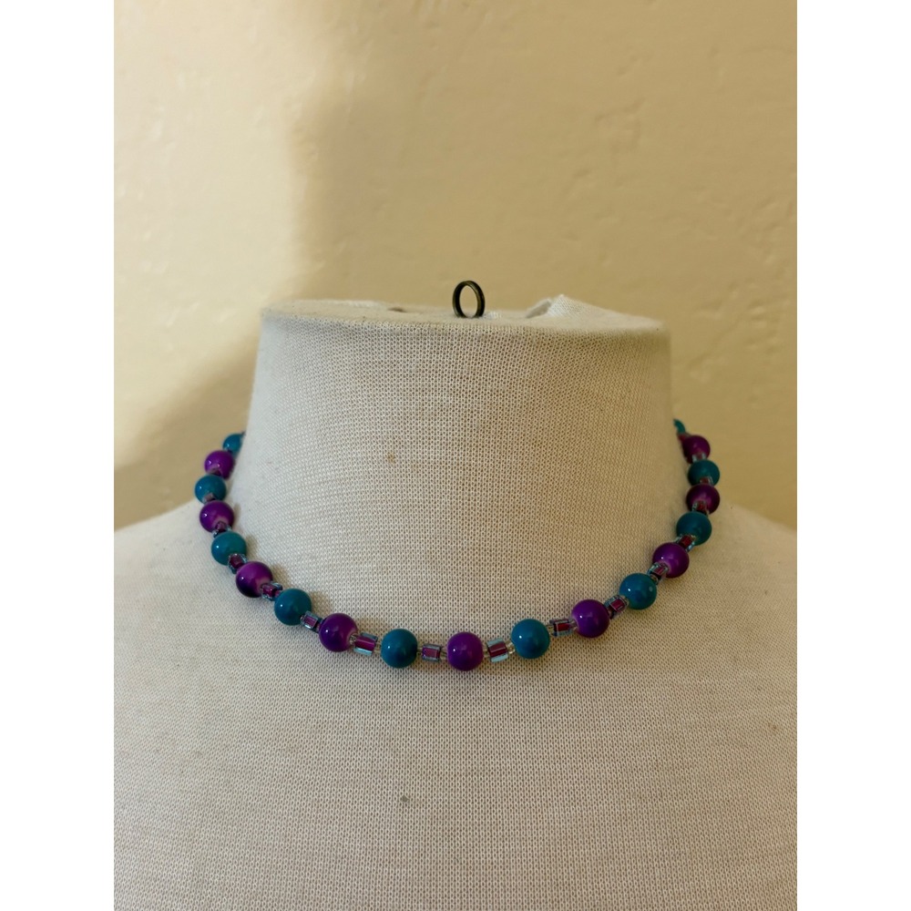 Handmade Teal and Purple Beaded Choker Necklace‎ with Heart Toggle Clasp
